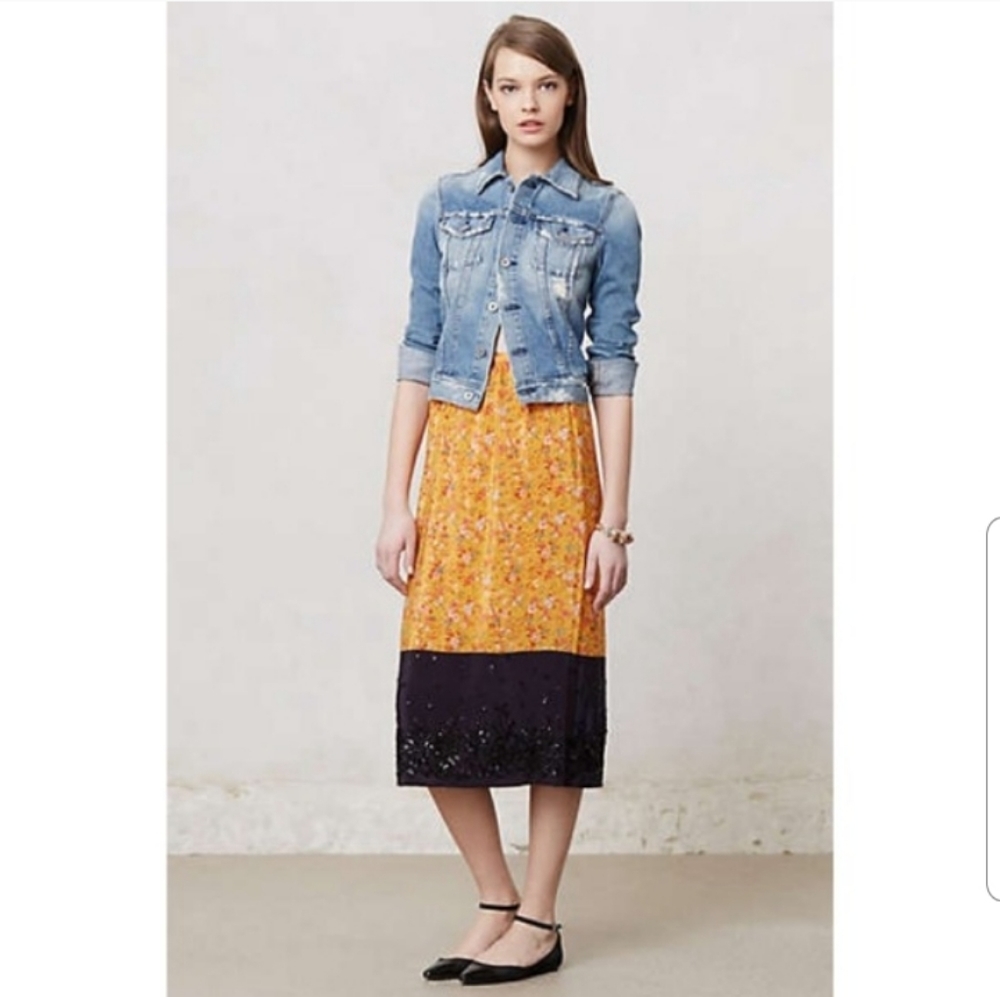 Anthropologie Maeve Silk Yellow Road Midi Skirt Small